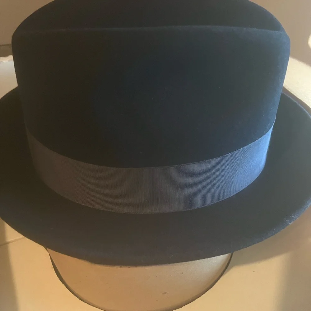 BLACK FRIDAY SALE-Men’s Blue Wool dress hat with satin ribbon and feather - Picture 7 of 9